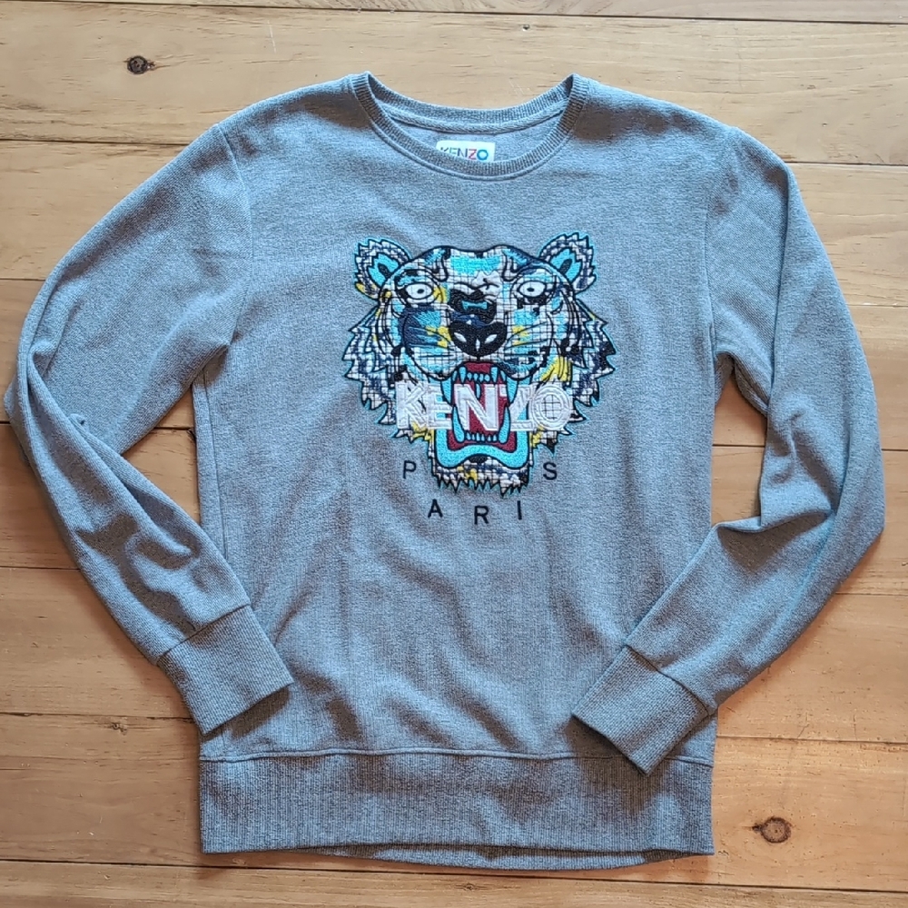 Kenzo Paris Gray Crewneck Sweater with Tiger Design